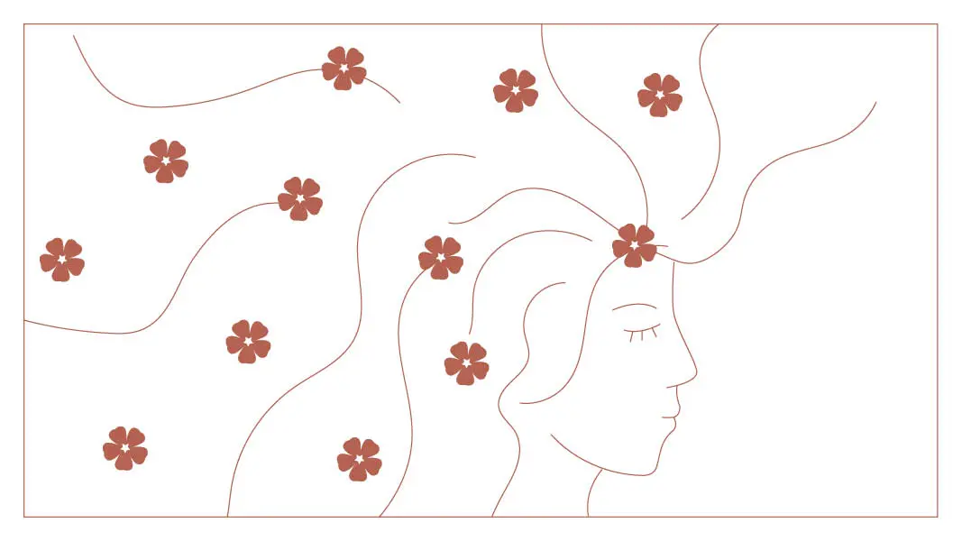Illustration visage de femme avec des fleurs dans les cheveux