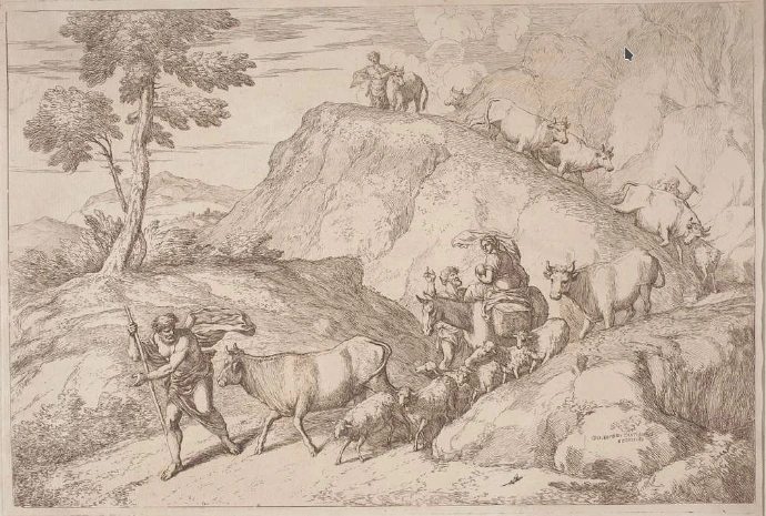 Œuvre du XVIIIe sièce - Un berger âgé guidant son troupeau
